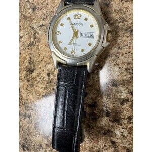 Vintage Samson Quartz Watch Day Date Gold Tone White Dial Black Leather Band